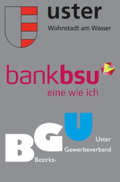 Das Bild zeigt die Logos der Stadt Uster, der Bank BSU und der BGU.